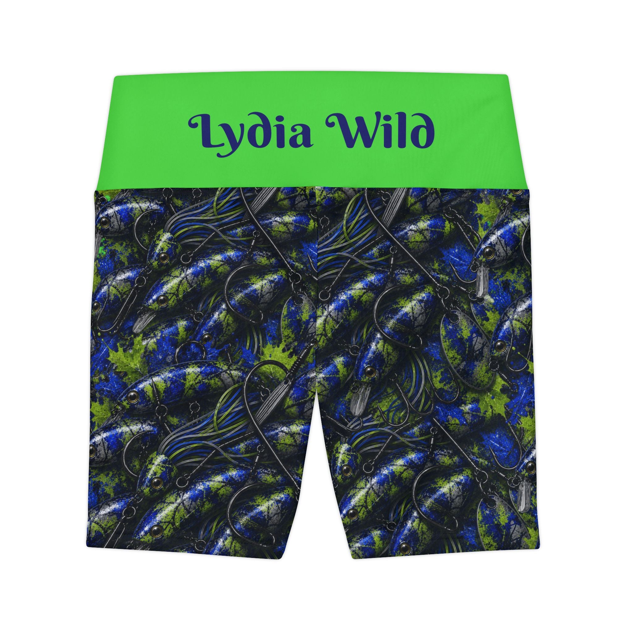 Workout Shorts — Custom 'Lydia Wild' Green Waistband Abstract Athletic Biker Shorts