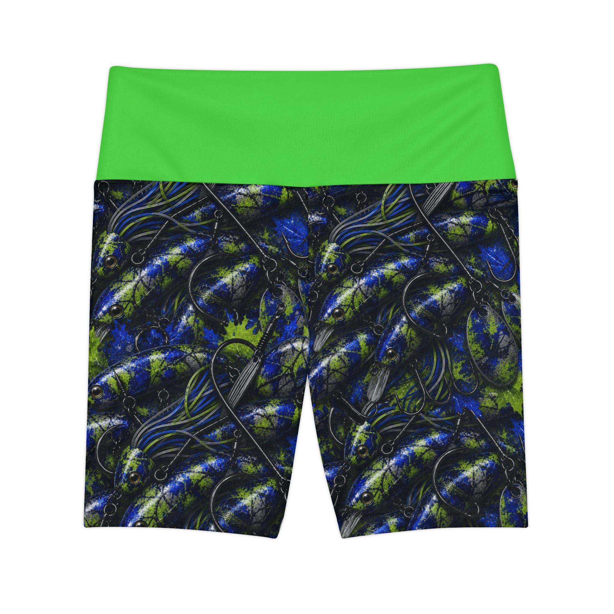 Workout Shorts — Custom 'Lydia Wild' Green Waistband Abstract Athletic Biker Shorts