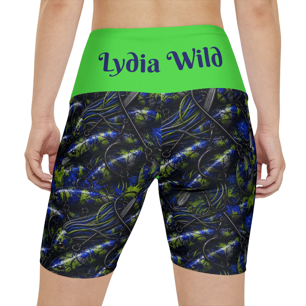 Workout Shorts — Custom 'Lydia Wild' Green Waistband Abstract Athletic Biker Shorts