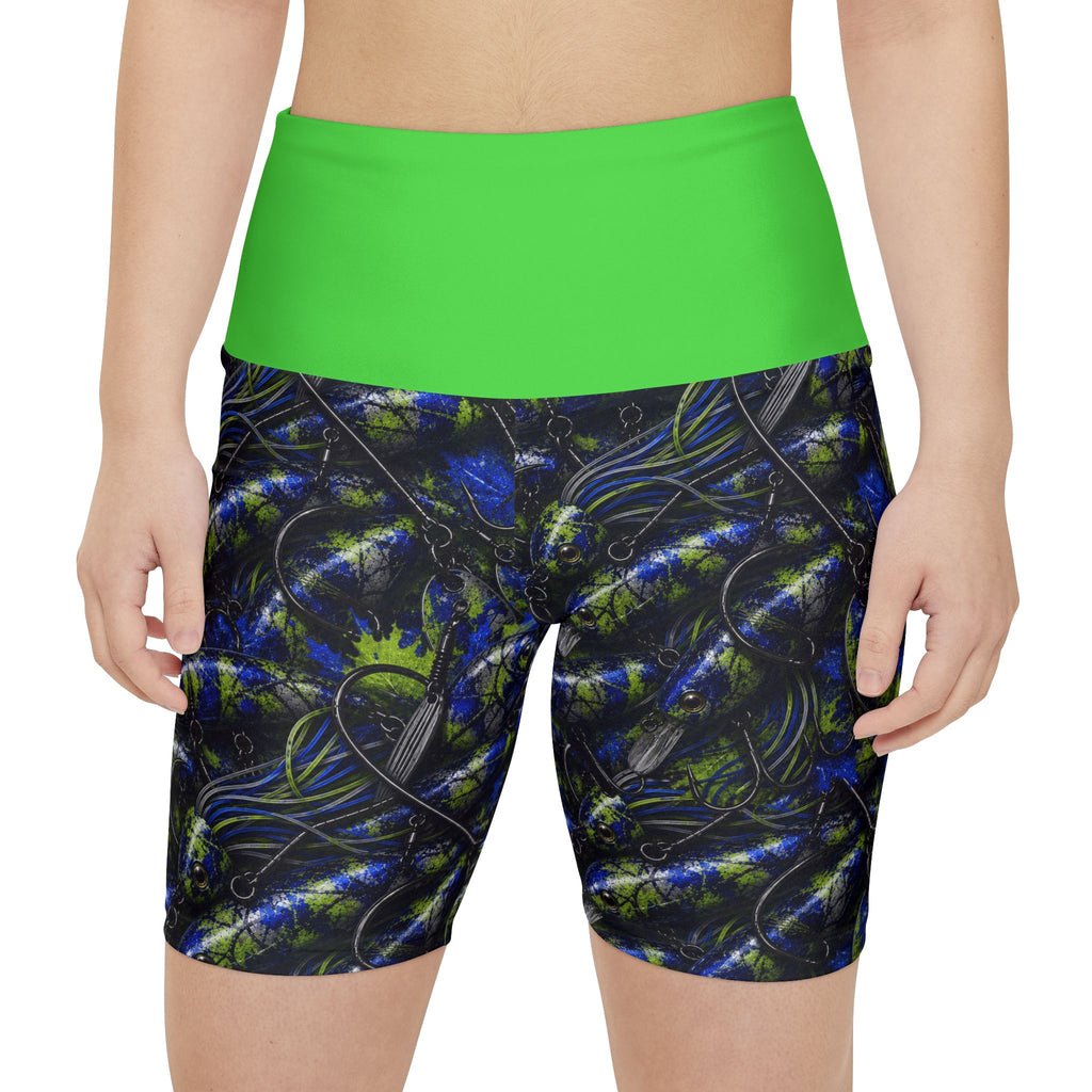 Workout Shorts — Custom 'Lydia Wild' Green Waistband Abstract Athletic Biker Shorts
